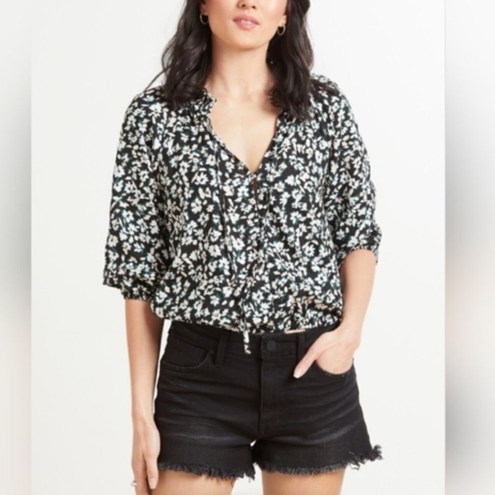 Sanctuary Evereve Don't Forget Linen Blouse in Black Mint Spritz Size M